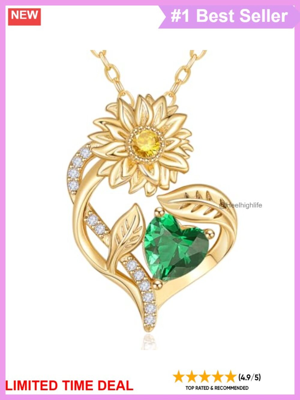 18K Gold Plated Heart Pendant Necklace Emerald Birthstone Gift for Her